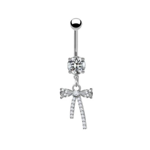 14G CZ Bowknot Dangle Belly Button Rings for Women 316L Surgical Steel Cubic Zirconia Crystal Bow Dangling Belly Navel Rings Silver Curved Barbell Navel Piercing Jewelry