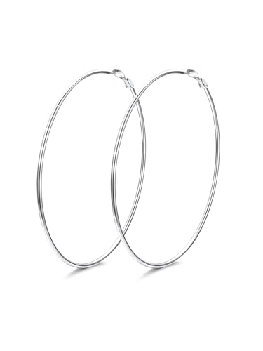 FindChic Thin Hoop Earrings for Women,Silver/Black/Gold Plated 20-100mm - color: Silver, size: 90mm