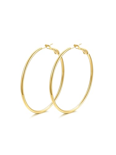 FindChic Thin Hoop Earrings for Women,Silver/Black/Gold Plated 20-100mm - color: Gold, size: 50mm
