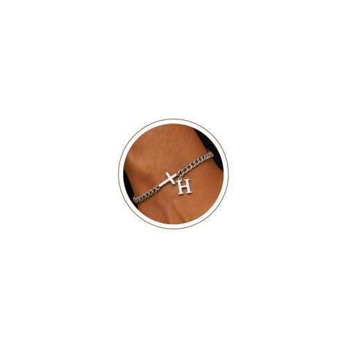 Cross Cuban Link Bracelets for Men Initial A - Z Faith Cross Bracelets, Stainless Steel Fashion Initial Charm Chain Bracelet Religious Jewelry Gift for Men - color: Silver H