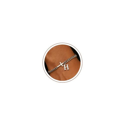 Cross Cuban Link Bracelets for Men Initial A - Z Faith Cross Bracelets, Stainless Steel Fashion Initial Charm Chain Bracelet Religious Jewelry Gift for Men - color: Silver H