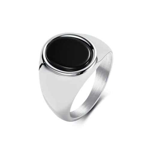 Stainless Steel Black Obsidian Ring for Men Women, Oval Black Stone Signet Ring, Gold Silver Black Tone Wide Band Ring, Polished Stainless Steel Statement Jewelry Gift - color: Silver