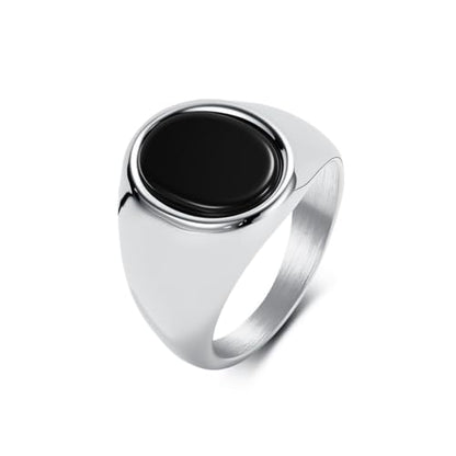 Stainless Steel Black Obsidian Ring for Men Women, Oval Black Stone Signet Ring, Gold Silver Black Tone Wide Band Ring, Polished Stainless Steel Statement Jewelry Gift - color: Silver
