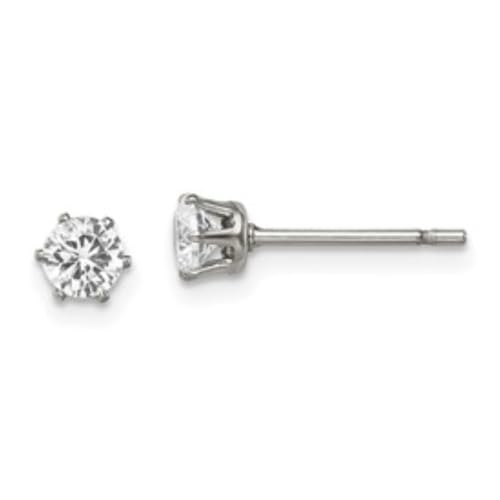 Diamond2Deal Stainless Steel Polished 4mm Round Cubic Zirconia Stud Earrings Len-0.2 In, Wid-0.2 In