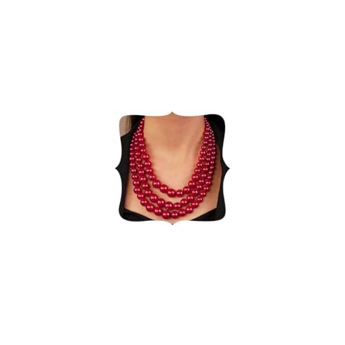 Vintage 1920s Large Collar Choker Necklace & Earring Set - Simulated Pearl Statement & Multi Strand Chunky Pearls Costume Jewelry for Wedding or Special Occasion - color: Red