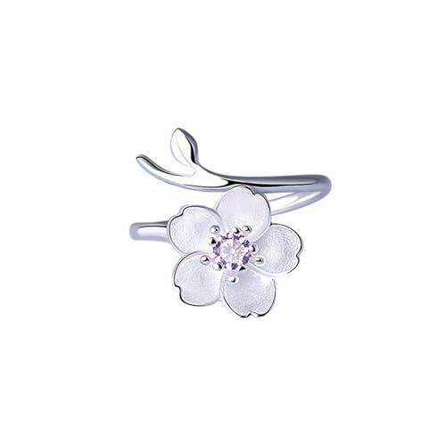 925 Sterling Silver Rings, Flower CZ Rings, Cherry Blossoms Open Engagement Promise Ring, Pink or Purple Birthstones Adjustable Ring for Women, Size 6-11. - color: Purple
