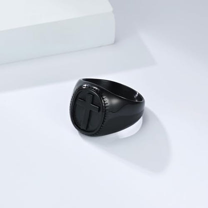 Promise Ring For Him, Stainless Steel Men Stainless Steel Signet Ring with 18MM Wide Oval with Cross, Black, Size 11