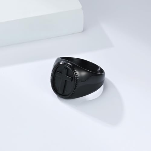 Men Promise Ring Stainless Steel, Men Stainless Steel Signet Ring with 18MM Wide Oval with Cross, Black, Size 12