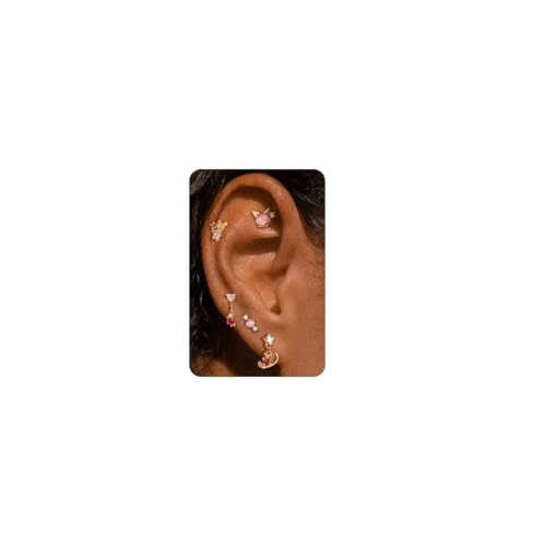 Sterling Silver Earrings Stacks for Women, Hypoallergenic Cartilage Earring | Dainty Stud Huggie Hoop Dangle Chain Earrings, 14K Gold/White Gold Plated - color: 5Pcs Sugar Bear(Single Earring Not a Pair)