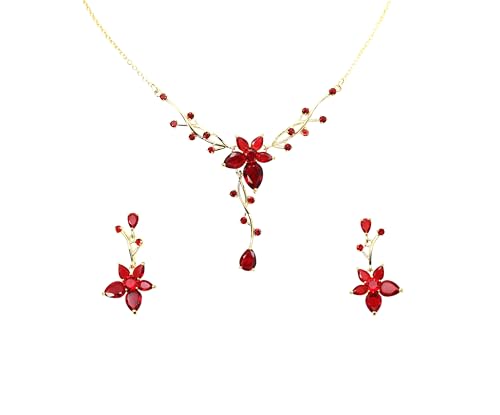 Faship Gorgeous CZ Crystal Floral Necklace Earrings Set - color: Red / 14K gold plated