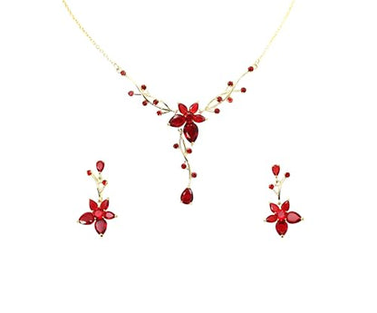 Faship Gorgeous CZ Crystal Floral Necklace Earrings Set - color: Red / 14K gold plated