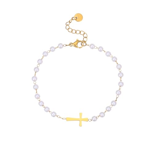 Dainty Cross Ankle Bracelets for Women 18K Gold Plated Tiny Pearl Colorful Beads Beach Summer Simple Foot Jewelry Anklets for Jewelry Gift - style: Pearl Cross-Gold