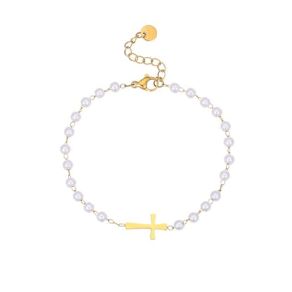 Dainty Cross Ankle Bracelets for Women 18K Gold Plated Tiny Pearl Colorful Beads Beach Summer Simple Foot Jewelry Anklets for Jewelry Gift - style: Pearl Cross-Gold