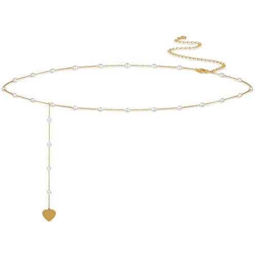 CAROVO Belly Waist Chain for Women 14K Gold Silver Plated Layered Body Chains Boho Cuban Figaro Pearl Heart Coin Satellite Bead Belly Chain Sexy Bikini Body Jewelry for Women Adjustable - style: E:Pearl Heart GD