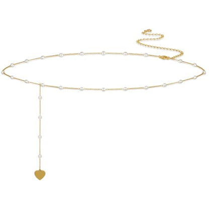 CAROVO Belly Waist Chain for Women 14K Gold Silver Plated Layered Body Chains Boho Cuban Figaro Pearl Heart Coin Satellite Bead Belly Chain Sexy Bikini Body Jewelry for Women Adjustable - style: E:Pearl Heart GD