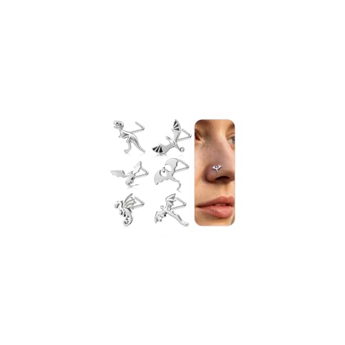 6PCS Dragon Nose Stud Gothic Nostril Ring for Women Men | 316L Surgical Stainless Steel, Fantasy Punk Piercing Jewelry, For Sensitive Skin, L-Shape - color: Silver