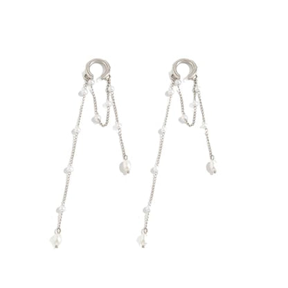 Heart Pearl Hoop Earrings Sliver Long Tassel Chain Huggie Hoop Earrings Pearl Beaded Drop Earring for Women Wedding Jewelry - color: pearl