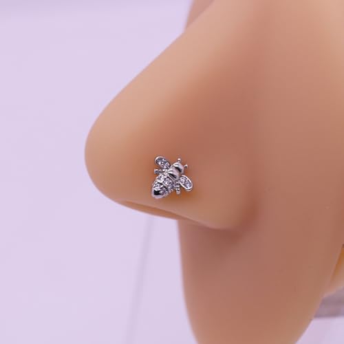 VERAMI 16G Surgical Steel Pushin Lip Rings Butterfly Flower Bee Nose Stud Rings Top Push in Threadless Flat Back Nose Rings Studs Cartilage Earrings for Womens - color: Silver：flowe & bee