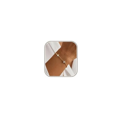 Bracelets for Women, Dainty Gold Silver Ring Bracelet Hand Chain | Cubic Zirconia Pearl Charms, 14K Gold Plated, Adjustable Fit, Trendy Stackable Link Chain, Waterproof Jewelry, Gift for Her - color: Gold-cross+clover charm bracelet