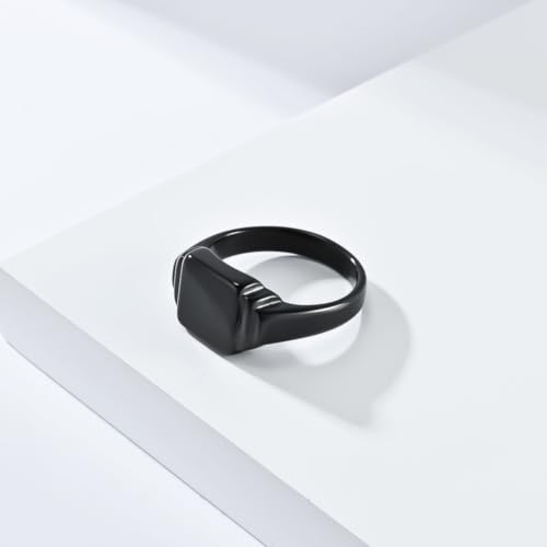 PAURO Unisex Square Shaped Signet Ring Geometric Style | Stainless Steel Square-shaped Signet Style for Men Women,Classical Simple Plain Wedding Engagement Statement Ring - color: Black