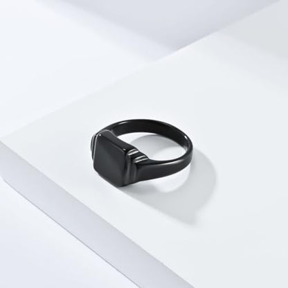 PAURO Unisex Square Shaped Signet Ring Geometric Style | Stainless Steel Square-shaped Signet Style for Men Women,Classical Simple Plain Wedding Engagement Statement Ring - color: Black