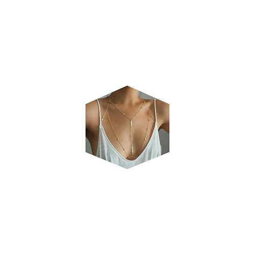 Gold Plated Body Chain for Women, Layered Bikini Waist Chain | Sexy Rhinestone Body Jewelry, Chest Belly Chain, Adjustable Fit, Crossover Design, Summer Beach Parties and Vacations - color: Gold1