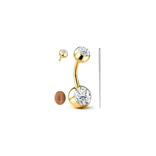 GEMQUEEN Moissanite ＆ G23 TItanium Belly Button Ring 18K Gold Plated Hypoallergenic Internally Threaded Belly Rings 14G Ball Navel Piercing Jewelry for Women Men D Color VVS1 Clarity Brilliant Cut - color: Gold-D Color Moissanite Stone, size: 10mm Length