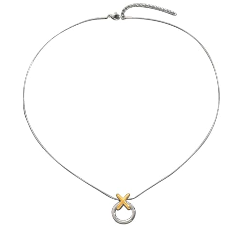 Two-Tone X and O Circle Pendant Necklace, Sterling Silver Chain with Gold Accent