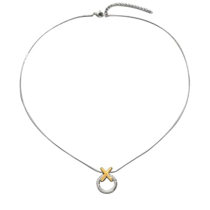 Two-Tone X and O Circle Pendant Necklace, Sterling Silver Chain with Gold Accent