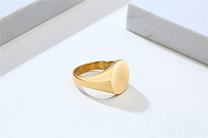 HIJONES Mens Stainless Steel Signet Ring Matte Brushed Square | Simple Statement ,Wedding Band,Polished Round - color: 14mm-Gold