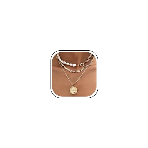 iF YOU Vintage Gold Layered Necklaces for Women Trendy, Chunky Cuban Link Paperclip Chains Necklace Stack, Coin Pendant Necklace Set Jewelry Gifts - style: 3-layer pearl necklaces