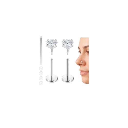 Hypoallergenic Nose Studs Flat Back Screw Ear Studs 18K Gold Plated 316 Stainless Steel, CZ Studs for Nose, Ear, Lip, Vertical Labret Piercing Jewelry, 2-5mm CZ 6-8mm Post with 1 Taper,4 Silicone Pads - color: Silver, size: 2mm