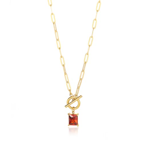 Diamond Necklaces for Women Natural Stone Paperclip Toggle Necklace 14K Gold Plated Emerald Birthstone Necklace for Women Paper Clip Chain Blue Green Cubic Zirconia Pendant Birthday Gifts for Women Mother Jewelry - color: 01. January(Garnet)
