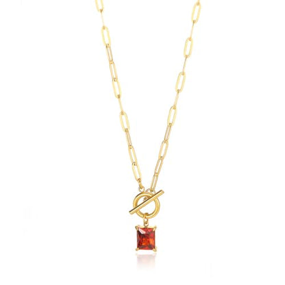 Diamond Necklaces for Women Natural Stone Paperclip Toggle Necklace 14K Gold Plated Emerald Birthstone Necklace for Women Paper Clip Chain Blue Green Cubic Zirconia Pendant Birthday Gifts for Women Mother Jewelry - color: 01. January(Garnet)
