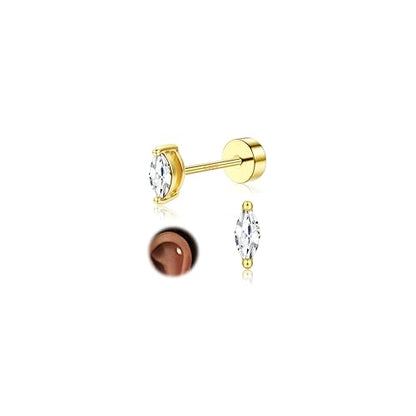 925 Sterling Silver Flat Back Stud Earrings for Women Hypoallergenic | 14K Gold Plated Cartilage Earrings for Sensitive Ears | Leaf Flower CZ Helix Tragus Piercing Jewelry - color: Gold-round