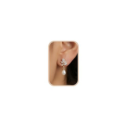 Pearl Earrings - 14K Gold/White Gold/Rose Gold Plated Cubic Zirconia CZ Diaomond Accented Pearl Drop Dangle Earrings for Women Wedding Bridal Prom - color: Leaf drop