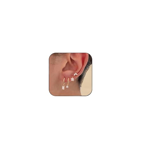 Gold Plated Earrings for Women, 14k Gold Plated Earring Stack Hypoallergenic Pearl Drop Earring Dainty Earrings for Women Trendy Cute Small Huggie Hoop Earring Fashion Womens Jewelry - color: SET6