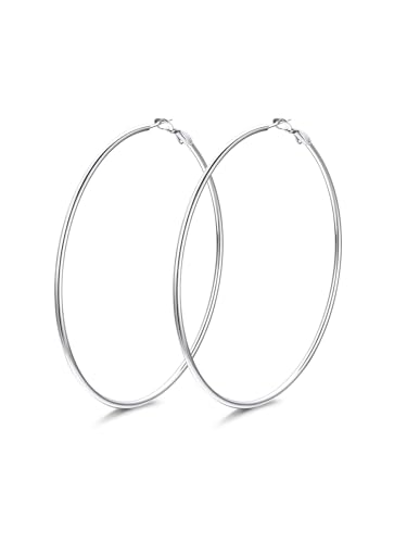 FindChic Thin Hoop Earrings for Women,Silver/Black/Gold Plated 20-100mm - color: Silver, size: 80mm