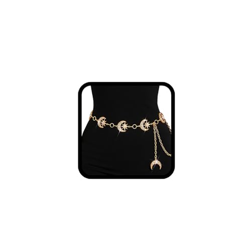 Rhinestone Moon Chain Belt Sparkly Star Waist Chain Adjustable Body Jewley for Women Dress Belt Accessory - style: Gold moon star C