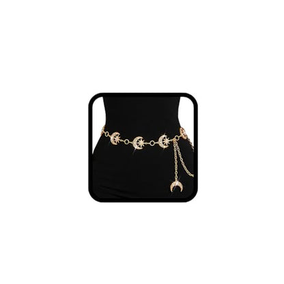 Rhinestone Moon Chain Belt Sparkly Star Waist Chain Adjustable Body Jewley for Women Dress Belt Accessory - style: Gold moon star C