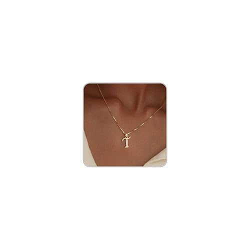 Initial Necklace for Women, 14K Gold Silver Plated Box Chain Letter Pendant, Trendy Name Necklace, Dainty Personalized Charm Jewelry Gift for Her - color: Gold, style: T