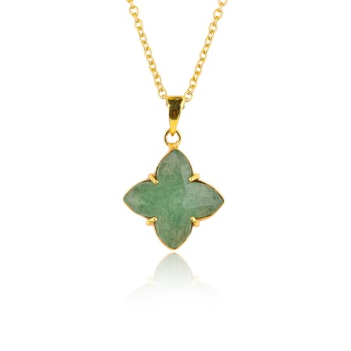 Natural Gemstone Necklace, 4-Petal Floral Stone Prong Dainty Pendant, Gold Plated, Handmade Bohemian Jewelry, Chakra Healing Crystals, Christmas Gift for Women