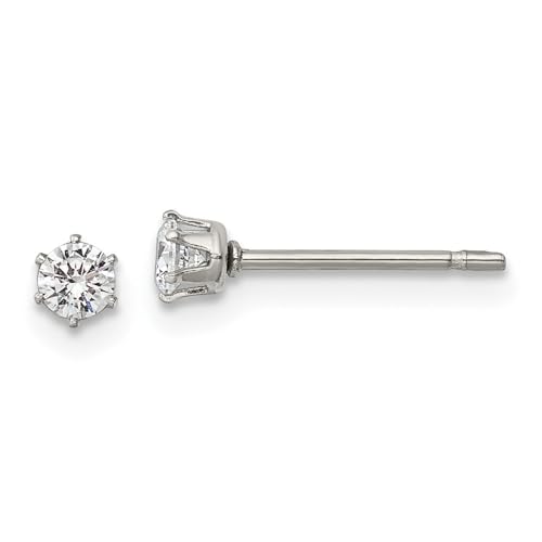 Diamond2Deal Stainless Steel Polished 3mm Round Cubic Zirconia Stud Earrings Len-0.13 In, Wid-0.14 In
