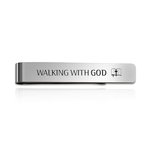 Walking With God Religious Christian Gifts for Men Faith Based Stainless Steel Tie Clips Bar Pin Best Pastor Gift Spiritual Gifts Christmas Birthday Presents Valentines Day Gift for Friends Coworkers