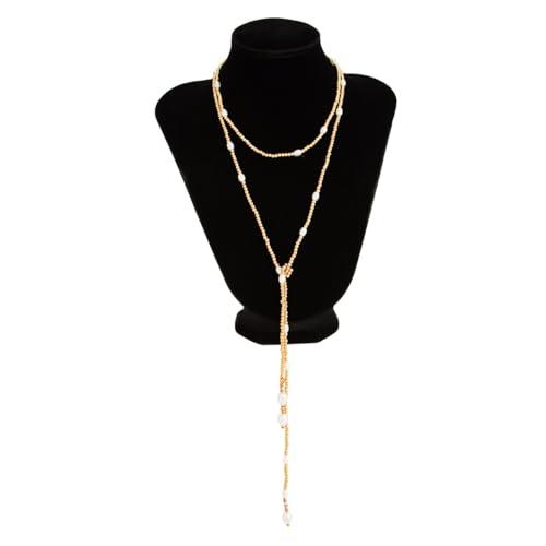 Green Beaded Lariat Necklace with Baroque Pearl Drops – Adjustable Wrap Y Style Jewelry, Beach and Bohemian Outfit Accessory for Women - color: Gold Bead Style