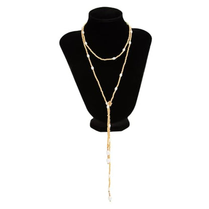 Green Beaded Lariat Necklace with Baroque Pearl Drops – Adjustable Wrap Y Style Jewelry, Beach and Bohemian Outfit Accessory for Women - color: Gold Bead Style