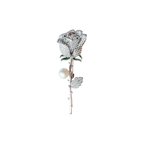 Anmpab Sparkling Rose Flower Brooch with Rhinestone Luxury Crystal Floral Pearl Pin for Women Wedding Bridal Jewelry for Blazer Dress Scarf Hat - color: Silver