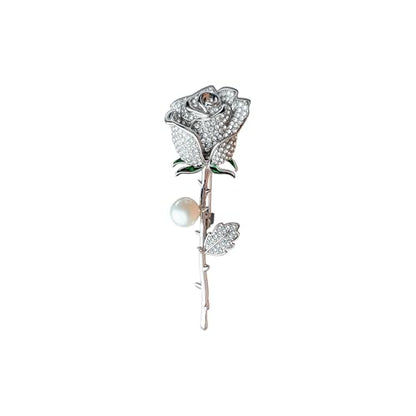 Anmpab Sparkling Rose Flower Brooch with Rhinestone Luxury Crystal Floral Pearl Pin for Women Wedding Bridal Jewelry for Blazer Dress Scarf Hat - color: Silver