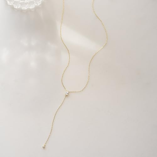 Lariat Necklace for Women, Dainty Long Necklaces, 14k Gold/Silver Plated Y-Shaped Drop Chain Necklace, Simple Layered Necklaces, Trendy Jewelry Gifts - style: Single CZ Y Necklace-Gold