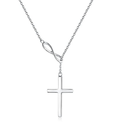 FANCIME White Gold Plated 925 Sterling Silver High Polished Infinity Cross Pendant Lariat Necklace Y Necklace Gift for Women, 18" - color: Y cross